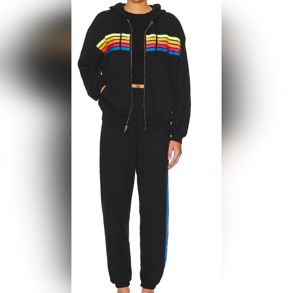 Aviator Nation 5 Stripe in Black & Neon Rainbow Zip Hoodie XS & Sweatpants S Set